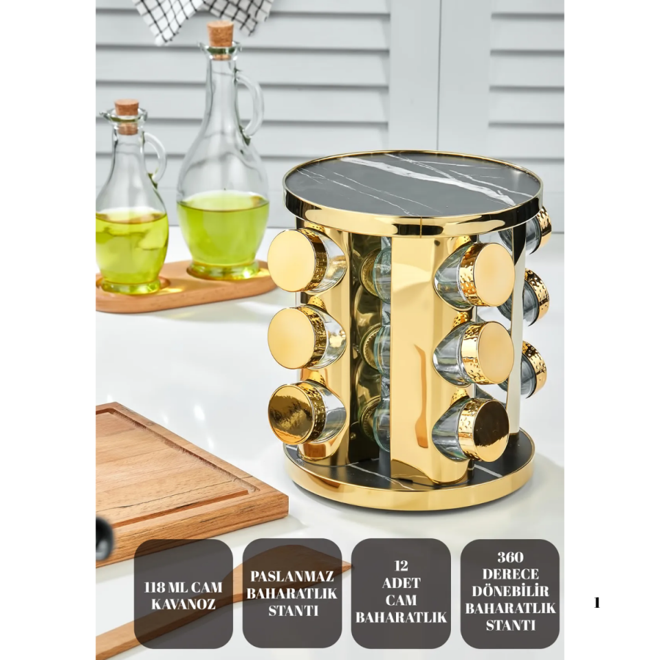 Mucit Home  12 li Cam Gold Baharatlık Seti 360 Dönebilen Standlı