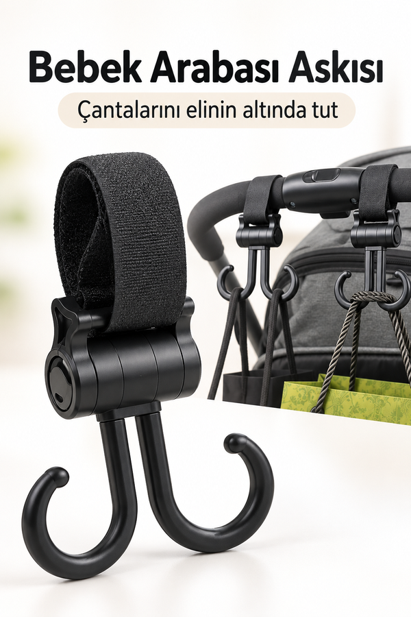 Mucit Home Bebek Arabasına Uyumlu Cırtlı Eşya Taşıma Aparatı 360 Derece Dönebilen Plastik Kanca