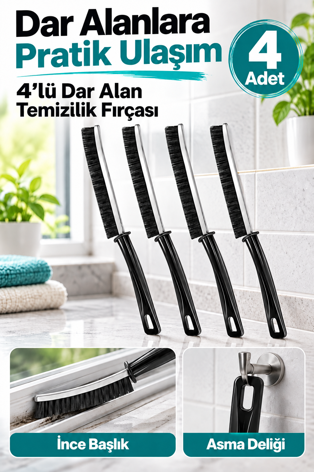 Mucit Home  4’lü Çok Fonksiyonlu Temizlik Fırçası – Derz, Cam Boşluğu, Tencere ve Panjur İçin