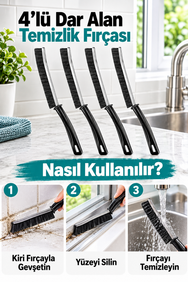 Mucit Home  4’lü Çok Fonksiyonlu Temizlik Fırçası – Derz, Cam Boşluğu, Tencere ve Panjur İçin