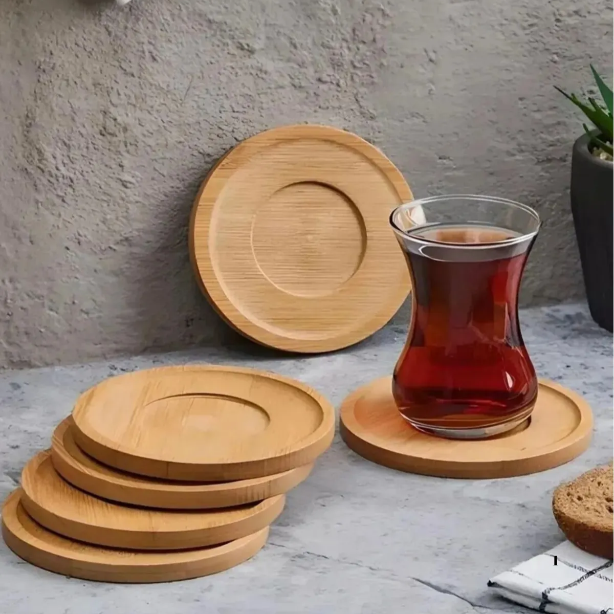 Mucit Home 6'lı Bambu Çay Tabağı Seti, Yuvarlak Bambu Çay Bardağı Altlığı