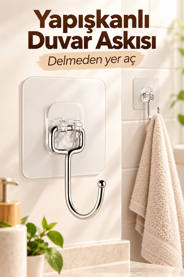 Mucit Home Büyük Kancalı 8 Adet Çok Amaçlı Askı Kendinden Yapışkanlı Havlu Banyo Askısı