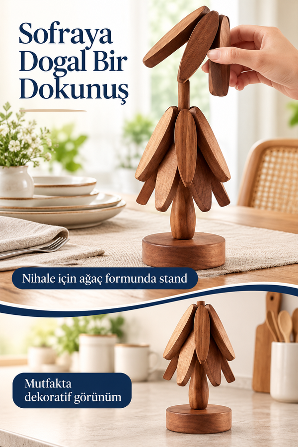 Mucit Home  4 Nihaleli Akasya Ağaç Şeklinde Bambu Nihale Pratik Katlanır  Bambu Bardak Altlığı