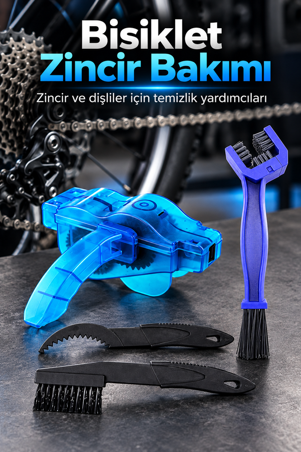 Mucit Home Bisiklet Motosiklet 4'lü Zincir Dişlisi Koruyucu Pas Sökücü Temizleme Fırçası Aparatı Bakım Seti