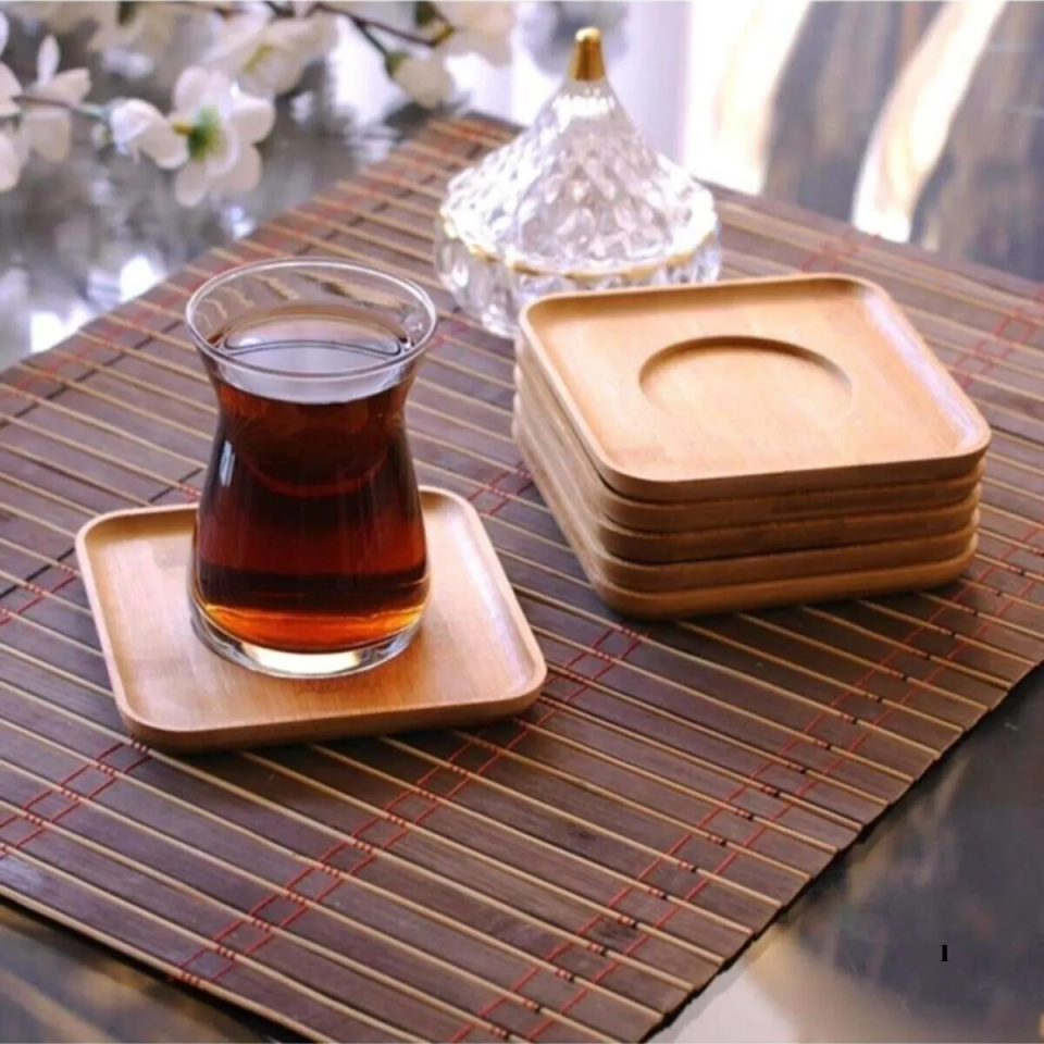 Mucit Home  6'lı Bambu Çay Tabağı Seti,Kare Bambu Çay Bardağı Altlığı