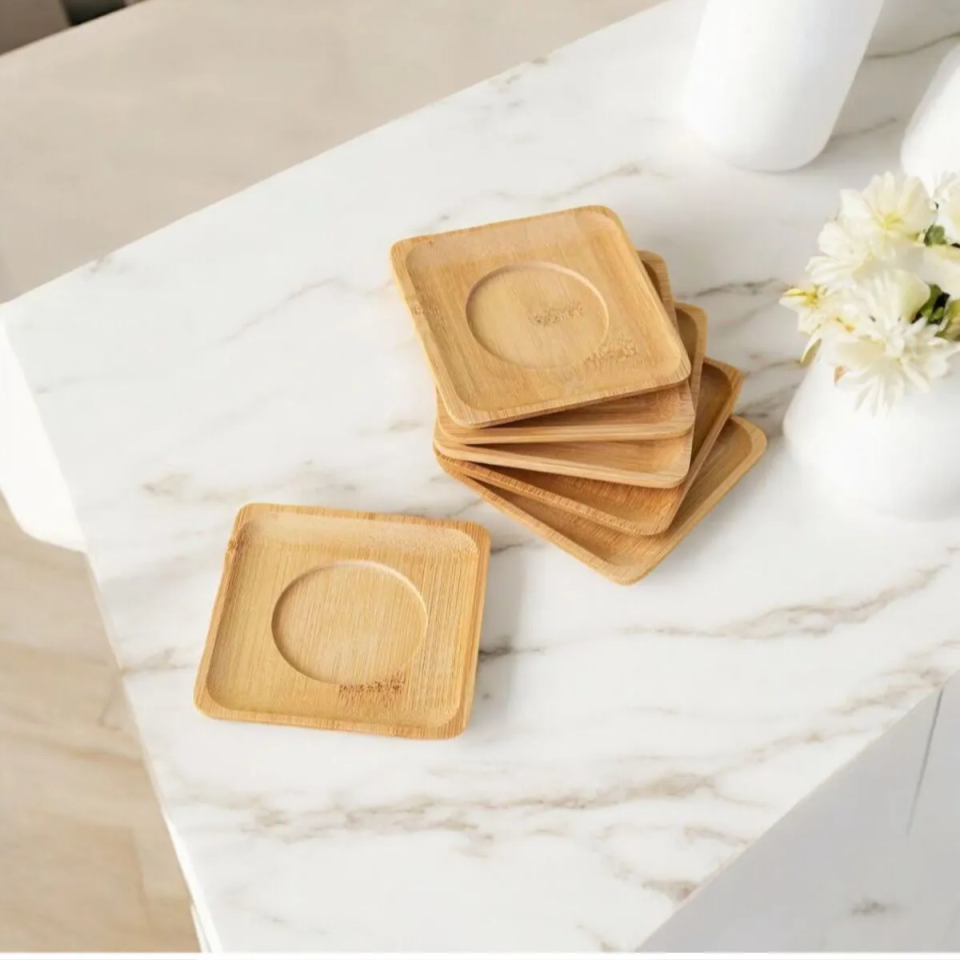 Mucit Home  6'lı Bambu Çay Tabağı Seti,Kare Bambu Çay Bardağı Altlığı