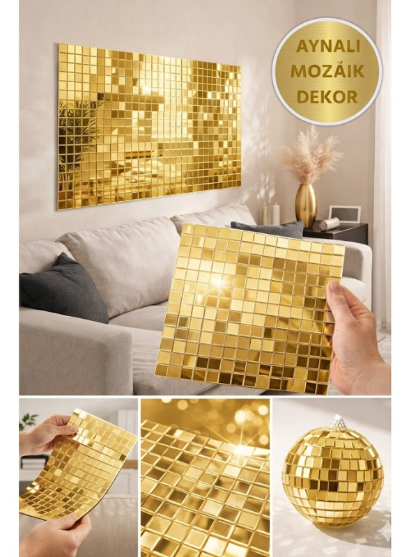 Mucit Home GOLD Cam Mozaik Sehpa Paneli Fayans Çıkartmaları El İşi Kare Cam Kendinden Yapışan