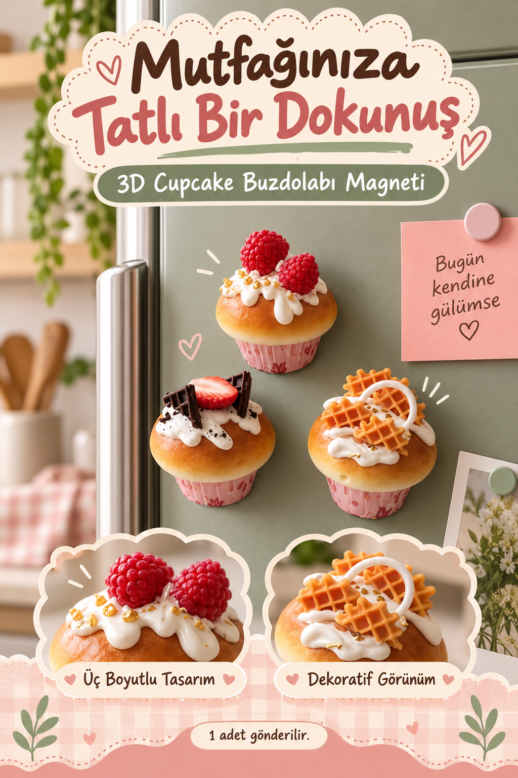 Mucit Home 1 adet Cupcake Görünümlü Buzdolabı Magneti – 3D Tatlı Tasarımlı Dekoratif Mutfak Süsü