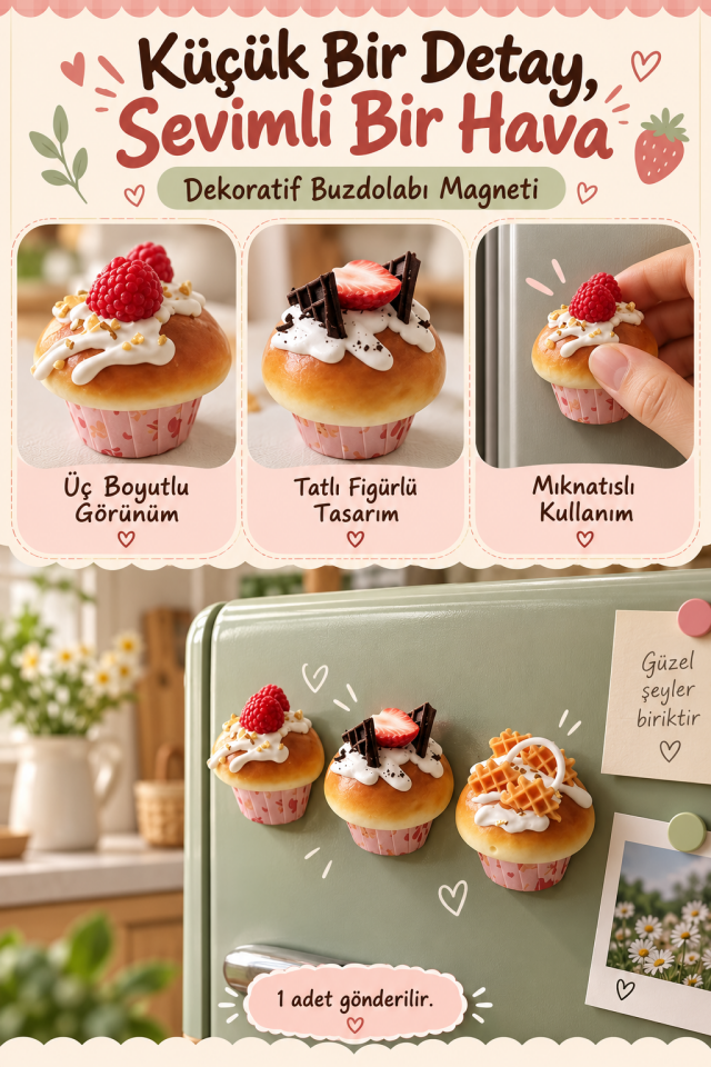 Mucit Home 1 adet Cupcake Görünümlü Buzdolabı Magneti – 3D Tatlı Tasarımlı Dekoratif Mutfak Süsü