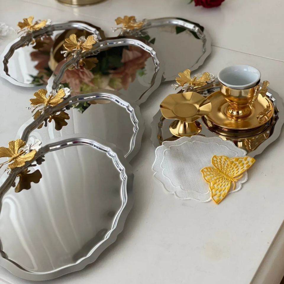 Mucit Home  PASLANMAZ ÇELİK OVAL MODEL 20*25 CM SERVİS VE SUNUM TEPSİSİ KELEBEKLİ 6 ADET
