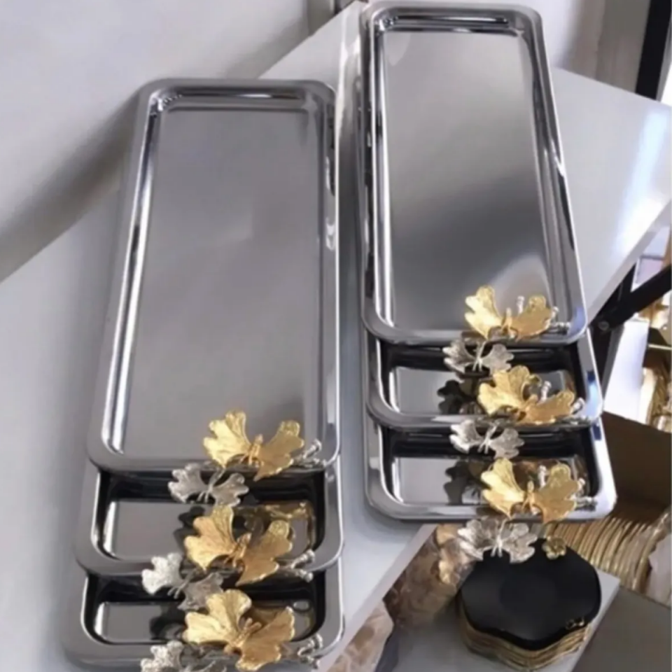 Mucit Home  Paslanmaz Çelik 6 Lı Dikdörtgen Baton Kahve Tepsisi Kelebekli Lüx Sunum