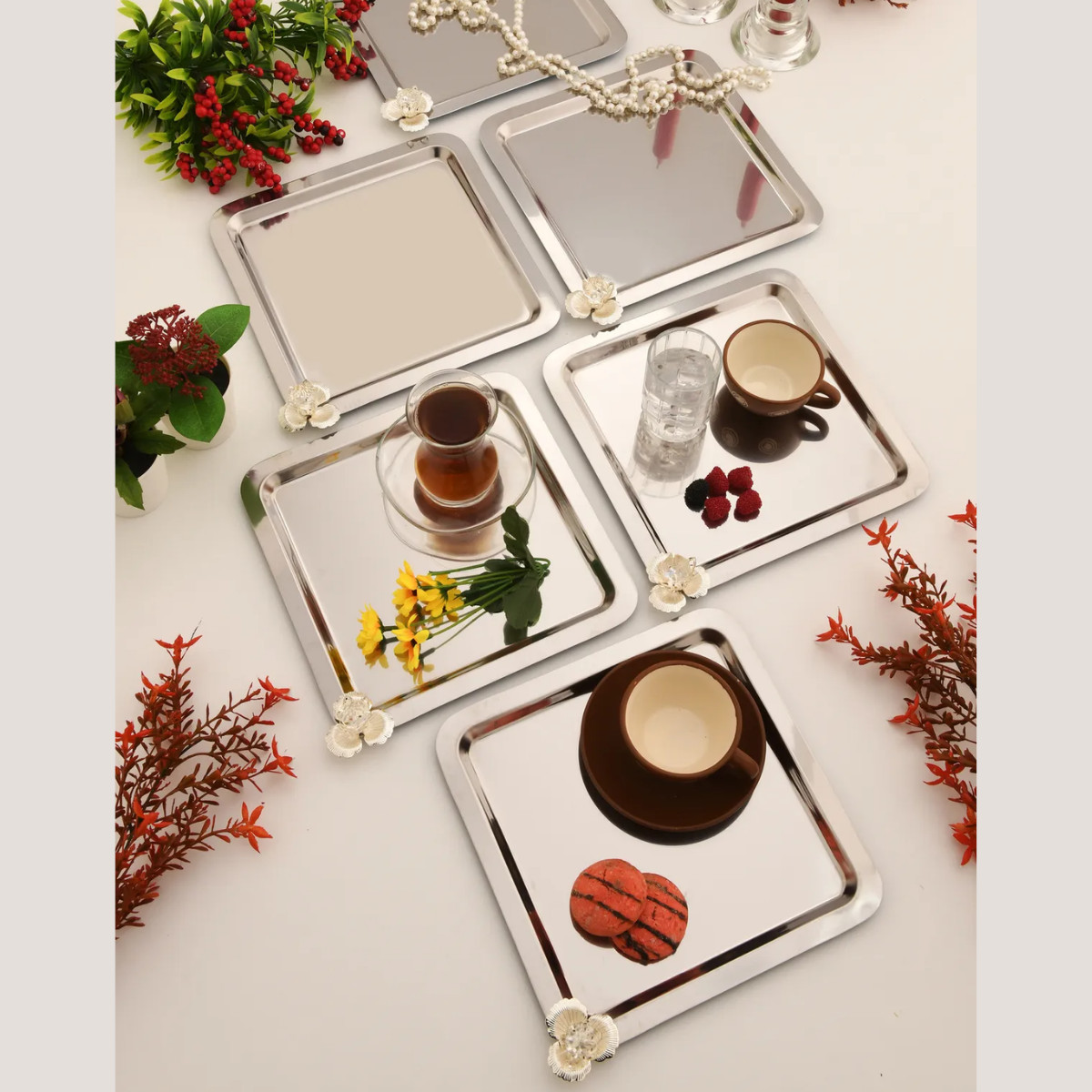Mucit Home  Anter 6 Lı Takım Paslanmaz Kahve Ve Çok Amaçlı Sunum Tepsisi Kare Taşlı Model