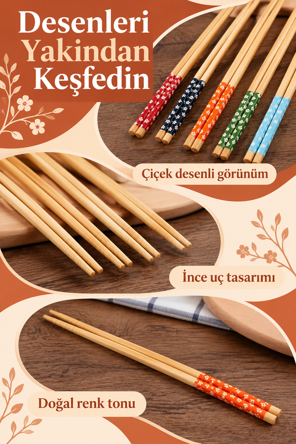 Mucit Home 5 Çift Bambu Chopstick Desenli Yıkanabilir Çin Suşi Ramen Noodle Yemek Çubuğu
