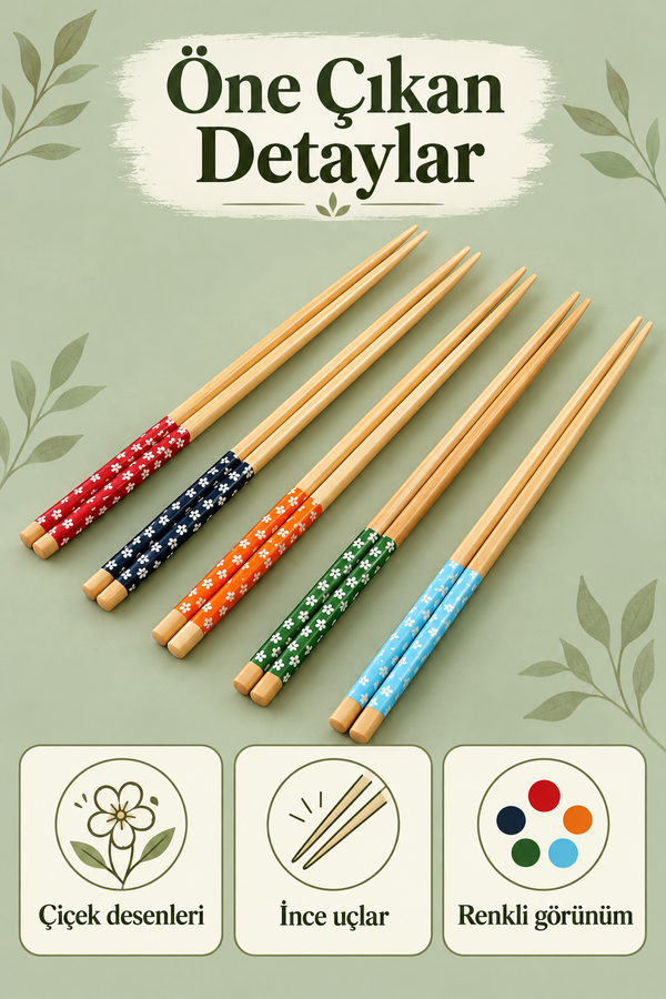 Mucit Home 5 Çift Bambu Chopstick Desenli Yıkanabilir Çin Suşi Ramen Noodle Yemek Çubuğu