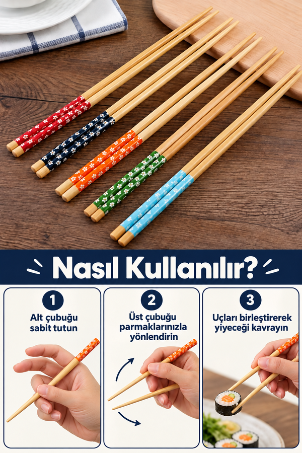 Mucit Home 5 Çift Bambu Chopstick Desenli Yıkanabilir Çin Suşi Ramen Noodle Yemek Çubuğu