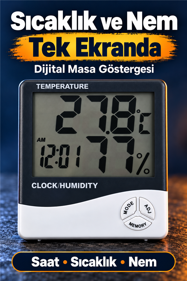 Mucit Home  Dijital Sıcaklık Nem Ölçer Masa Saati ve Isı Termometre