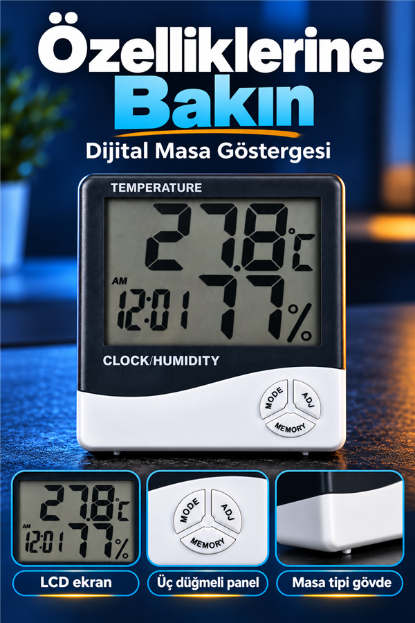 Mucit Home  Dijital Sıcaklık Nem Ölçer Masa Saati ve Isı Termometre