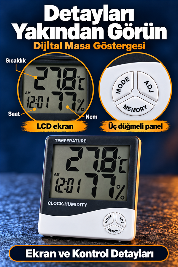 Mucit Home  Dijital Sıcaklık Nem Ölçer Masa Saati ve Isı Termometre