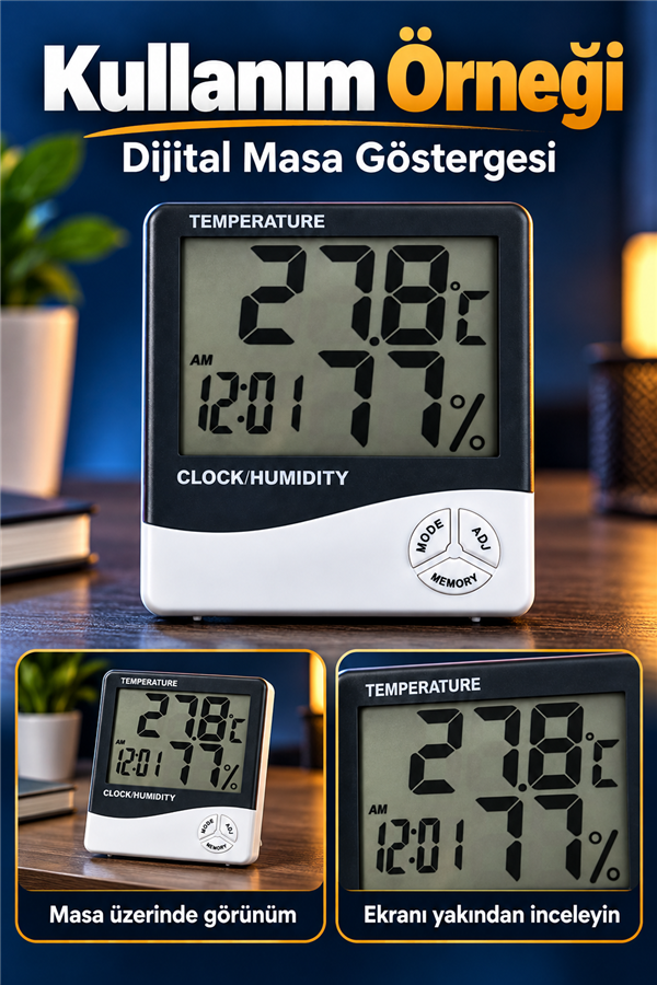 Mucit Home  Dijital Sıcaklık Nem Ölçer Masa Saati ve Isı Termometre