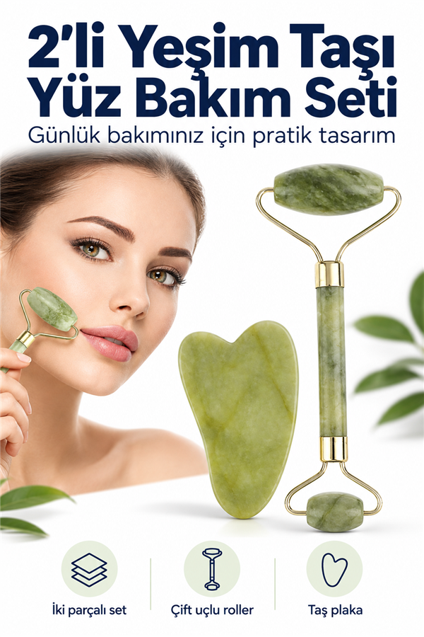 Mucit Home Çift Taraflı 2li Cilt Yüz Masaj Aleti Roller Yeşim Taşı Seti Doğal Taş Bakım Kiti