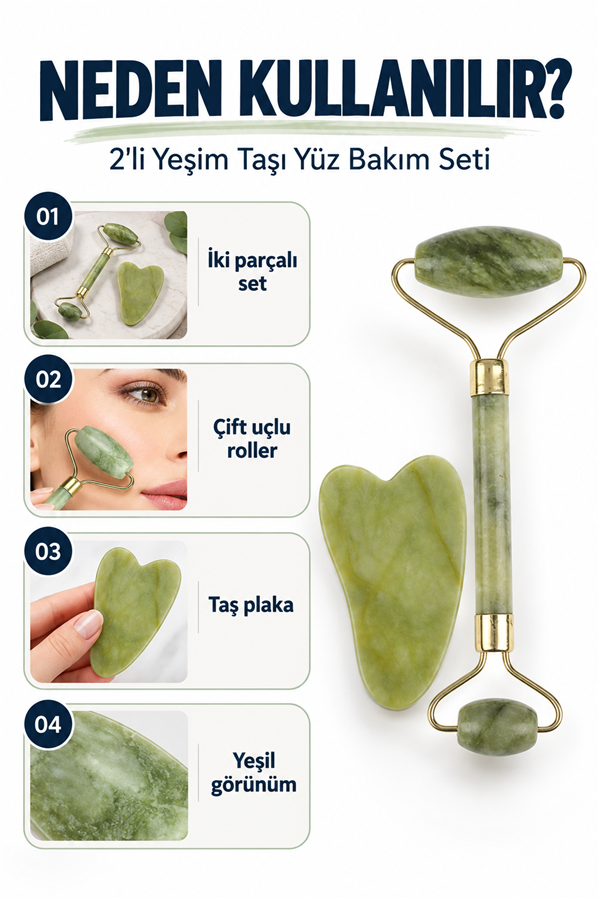Mucit Home Çift Taraflı 2li Cilt Yüz Masaj Aleti Roller Yeşim Taşı Seti Doğal Taş Bakım Kiti