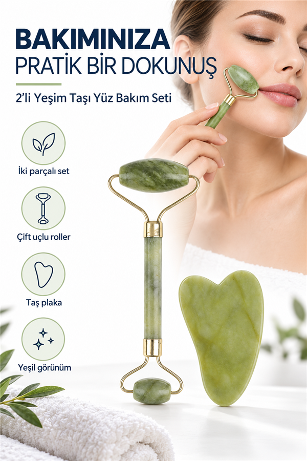 Mucit Home Çift Taraflı 2li Cilt Yüz Masaj Aleti Roller Yeşim Taşı Seti Doğal Taş Bakım Kiti