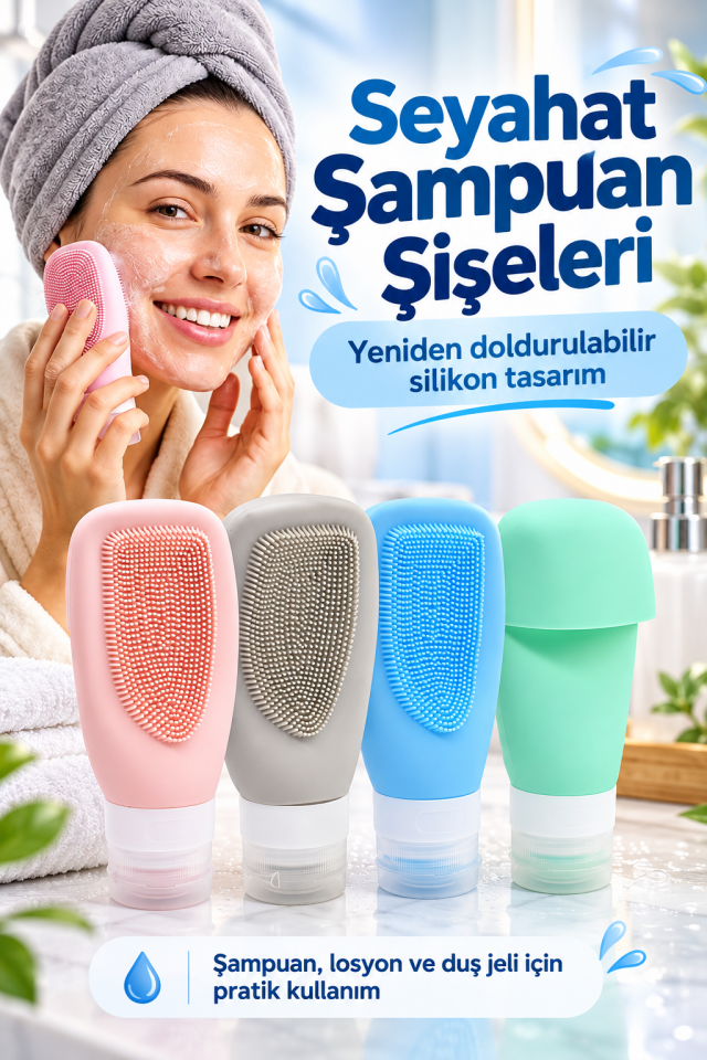 Mucit Home Çantalı Sıkılabilir Seyahat Şampuan Şişeleri 4 Adet Doldurulabilir-Yüz Temizleme Silikonu