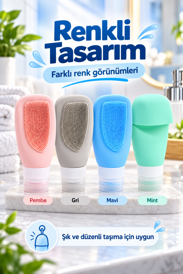 Mucit Home Çantalı Sıkılabilir Seyahat Şampuan Şişeleri 4 Adet Doldurulabilir-Yüz Temizleme Silikonu