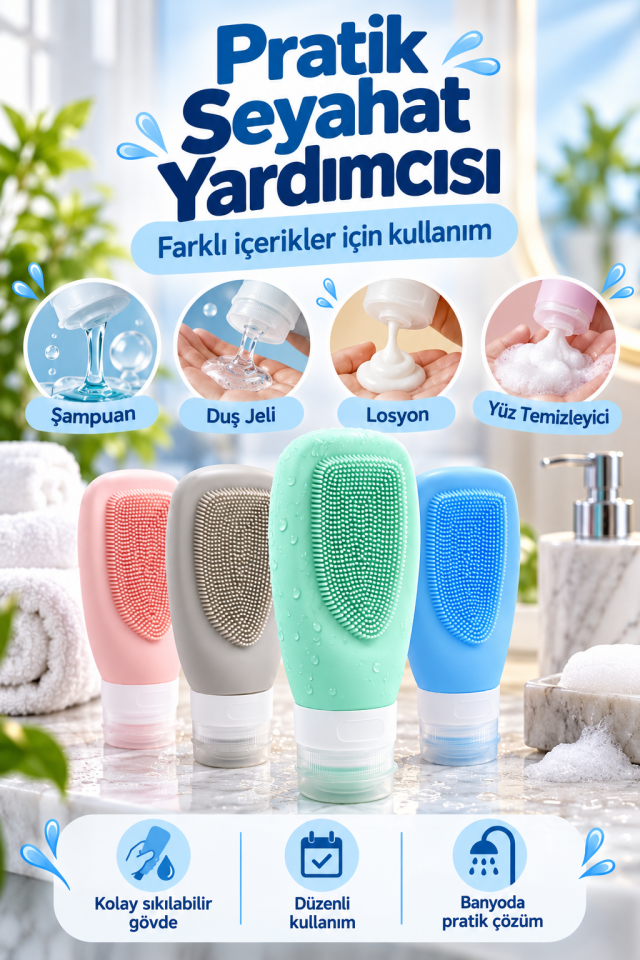 Mucit Home Çantalı Sıkılabilir Seyahat Şampuan Şişeleri 4 Adet Doldurulabilir-Yüz Temizleme Silikonu