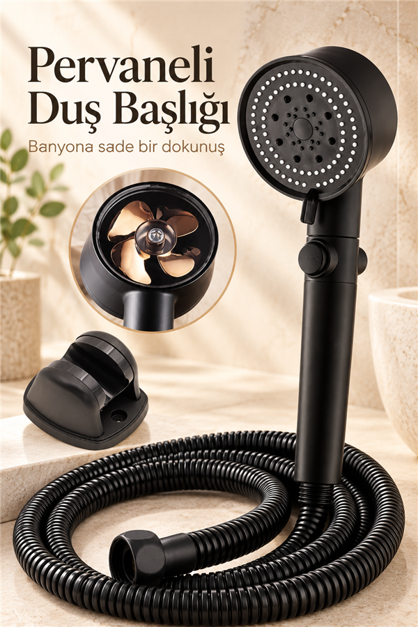 Mucit Home   Turbo Pervaneli 5 Fonksiyonlu Duş Seti - Masaj Fırçalı Duş Başlığı ve 150 cm Hortum