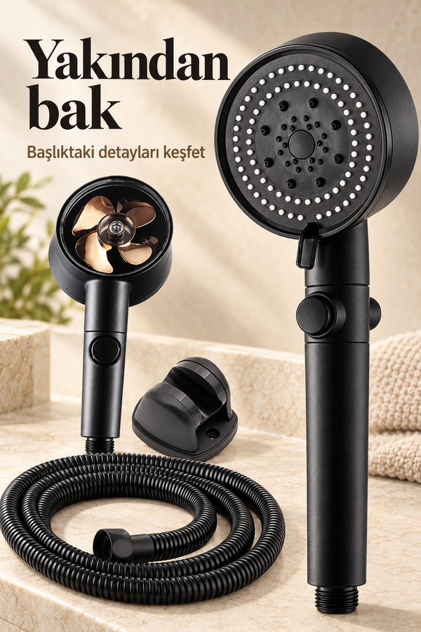 Mucit Home   Turbo Pervaneli 5 Fonksiyonlu Duş Seti - Masaj Fırçalı Duş Başlığı ve 150 cm Hortum