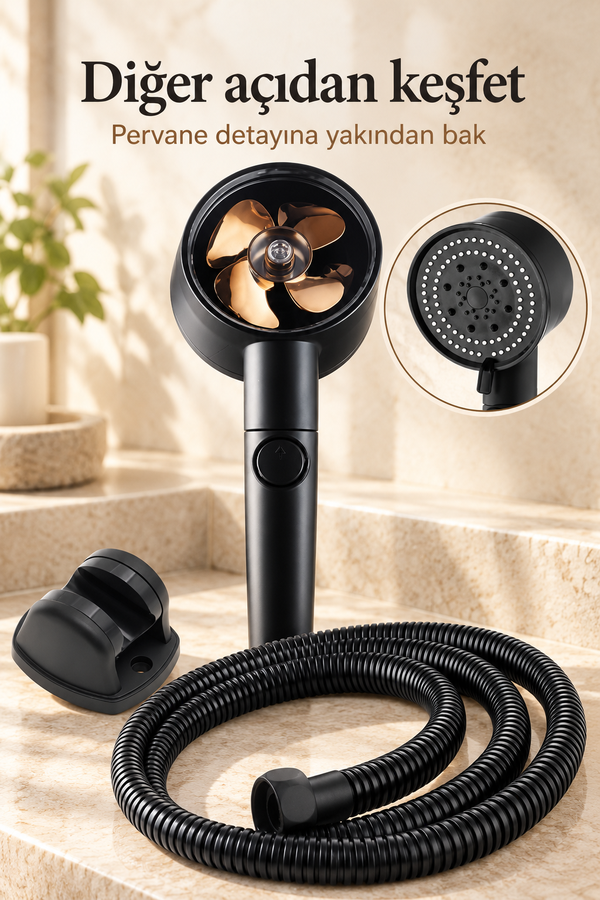 Mucit Home   Turbo Pervaneli 5 Fonksiyonlu Duş Seti - Masaj Fırçalı Duş Başlığı ve 150 cm Hortum