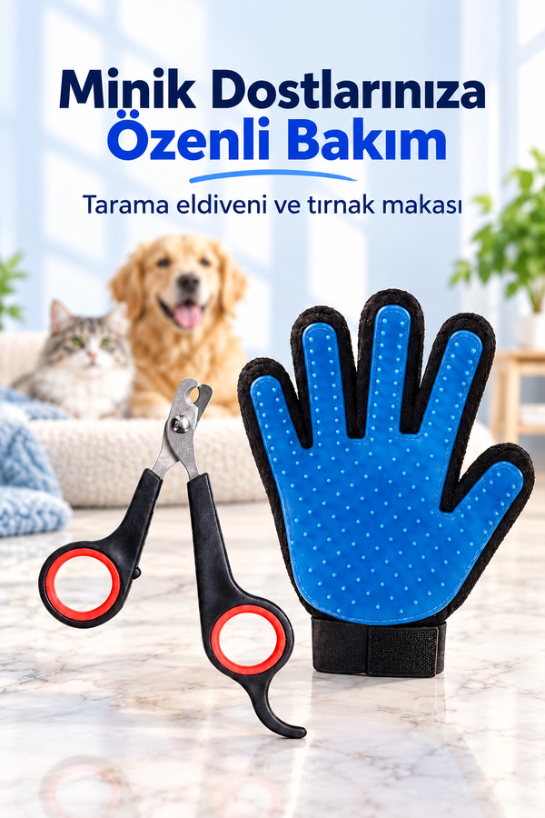 Mucit Home  Kedi Köpek Tüy Tarama Fırça Eldiven Kedi Köpek Tırnak Makası 2 Li Set