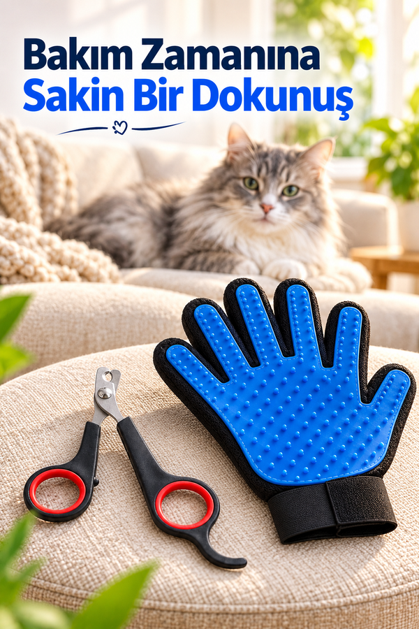 Mucit Home  Kedi Köpek Tüy Tarama Fırça Eldiven Kedi Köpek Tırnak Makası 2 Li Set