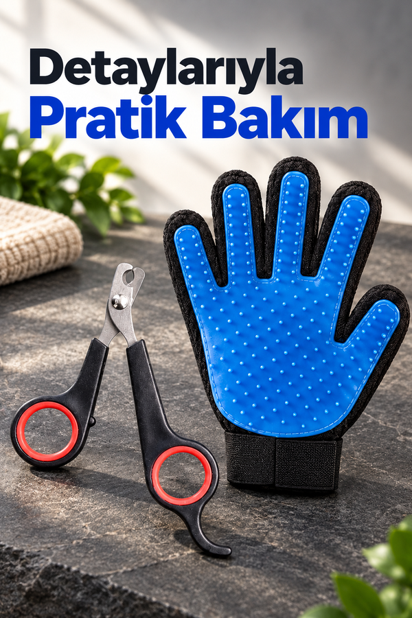 Mucit Home  Kedi Köpek Tüy Tarama Fırça Eldiven Kedi Köpek Tırnak Makası 2 Li Set