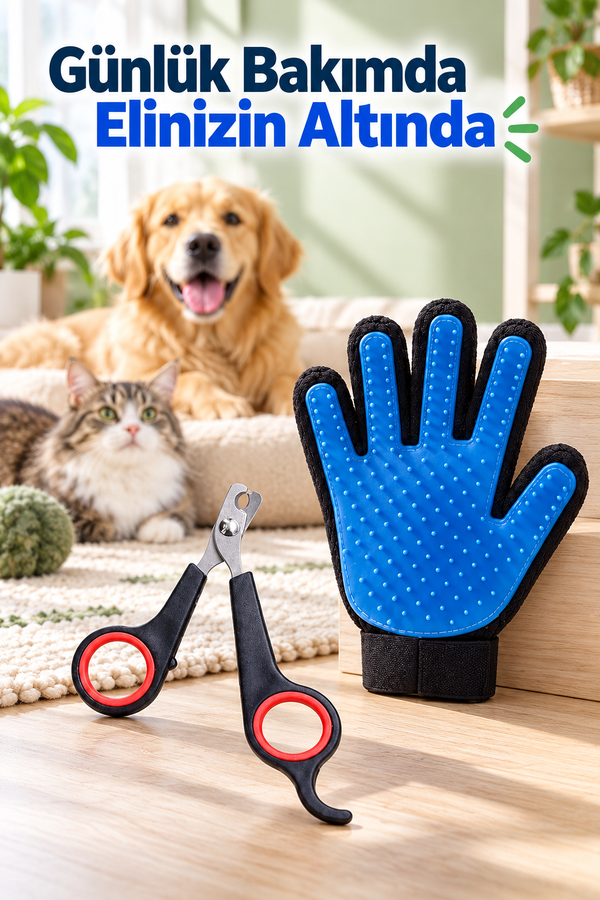Mucit Home  Kedi Köpek Tüy Tarama Fırça Eldiven Kedi Köpek Tırnak Makası 2 Li Set