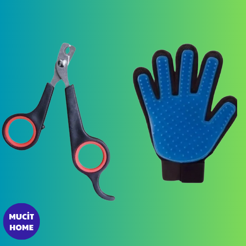 Mucit Home  Kedi Köpek Tüy Tarama Fırça Eldiven Kedi Köpek Tırnak Makası 2 Li Set
