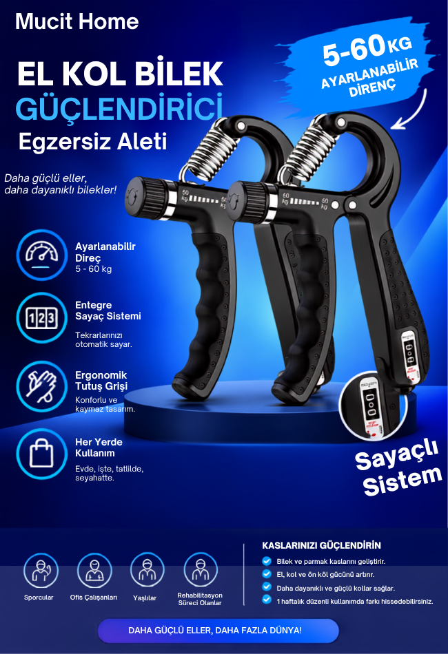 Mucit Home  Siyah El Kol Bilek Güçlendirici Egzersiz Aleti 5-60 Kg Karpal Direc El Yayı Cihazı Direnç Yayı