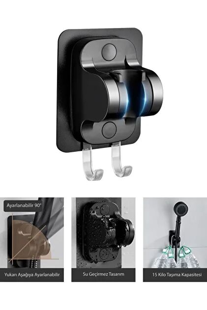 Mucit Home Siyah Nano Kendinden Yapışkanlı Banyo Duş Başlığı Askısı 15 kg Taşıma Kapasiteli Mafsal Tutacak