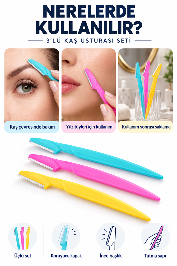 Mucit Home  Kaş Düzeltici Renkli Ustura 3'lü Çelik Set