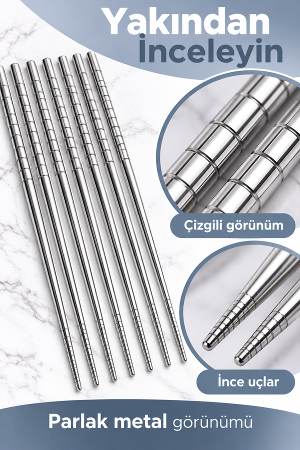 Mucit Home  5'li Paslanmaz Çelik Metal Chopstick
