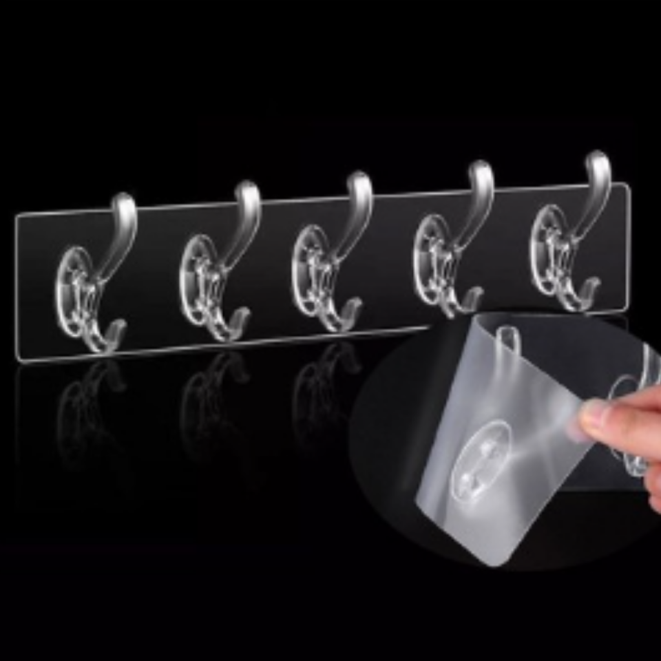 Mucit Home  Kendinden Yapışkanlı Güçlü Şeffaf Askılık | Şeffaf Yapışkanlı Sihirli Askı 5 Adet Kancalı