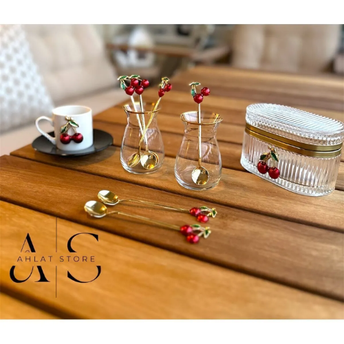 Mucit Home 6 Adet Kirazlı Kaşık Kirazlı Çay Kahve Kaşığı Kokteyl Karıştırıcı Tatlı Kaşığı