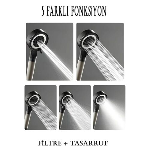 Mucit Home Duş başlığı Siyah  5 Fonksiyonlu Çelik Su Tasarruflu Filtreli Turbo Jet duş Başlığı