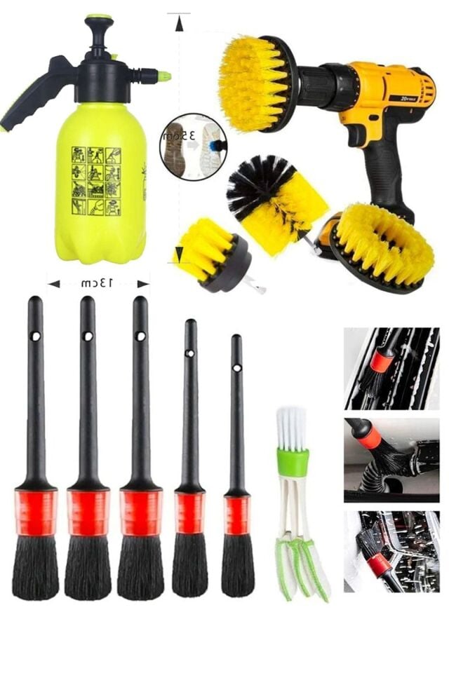 Mucit Home  10 Parça Araç İçi ve Dışı Temizlik Seti – Matkap Uyumlu Fırça ve Püskürtme  Pompası