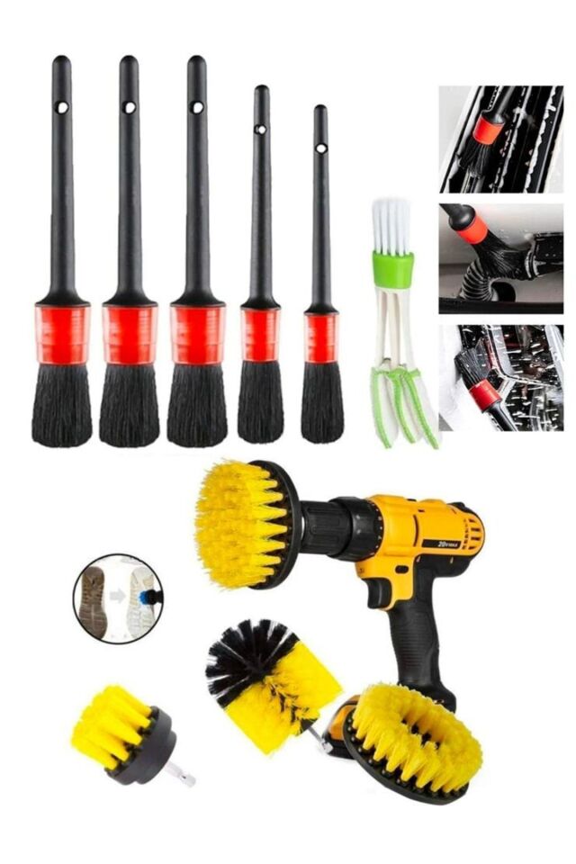 Mucit Home  10 Parça Araç İçi ve Dışı Temizlik Seti – Matkap Uyumlu Fırça ve Püskürtme  Pompası