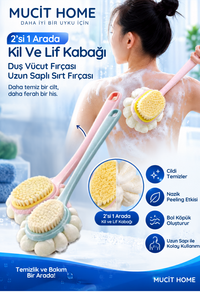 Mucit Home 2'si 1 Arada Kıl Ve Lif Kabağı iİe Duş Vücut Fırçası Uzun Saplı Sırt Fırçası-1 ADET