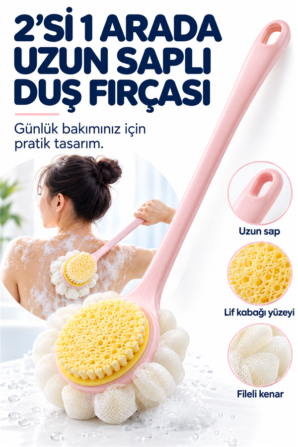 Mucit Home 2'si 1 Arada Kıl Ve Lif Kabağı iİe Duş Vücut Fırçası Uzun Saplı Sırt Fırçası-1 ADET