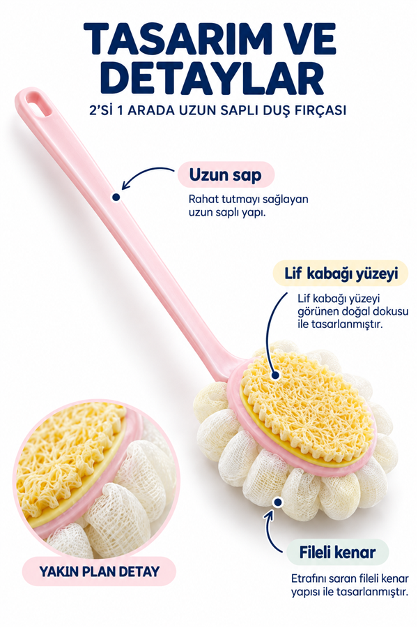 Mucit Home 2'si 1 Arada Kıl Ve Lif Kabağı iİe Duş Vücut Fırçası Uzun Saplı Sırt Fırçası-1 ADET