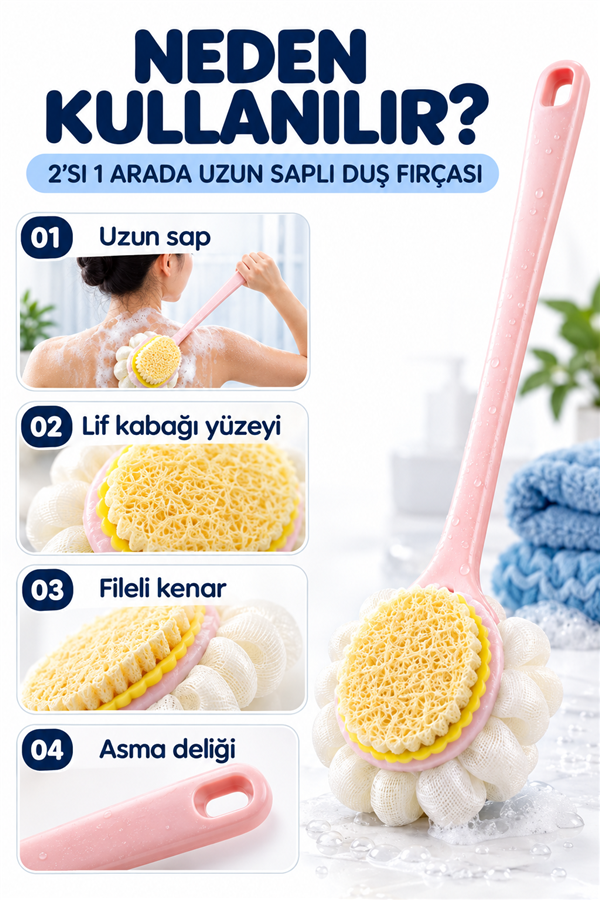 Mucit Home 2'si 1 Arada Kıl Ve Lif Kabağı iİe Duş Vücut Fırçası Uzun Saplı Sırt Fırçası-1 ADET